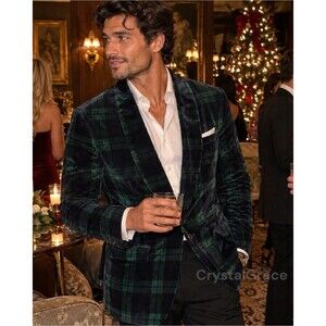 J.Crew Velvet Dinner Jacket Men 36S Green Blue Plaid Shawl Collar Tuxedo Blazer